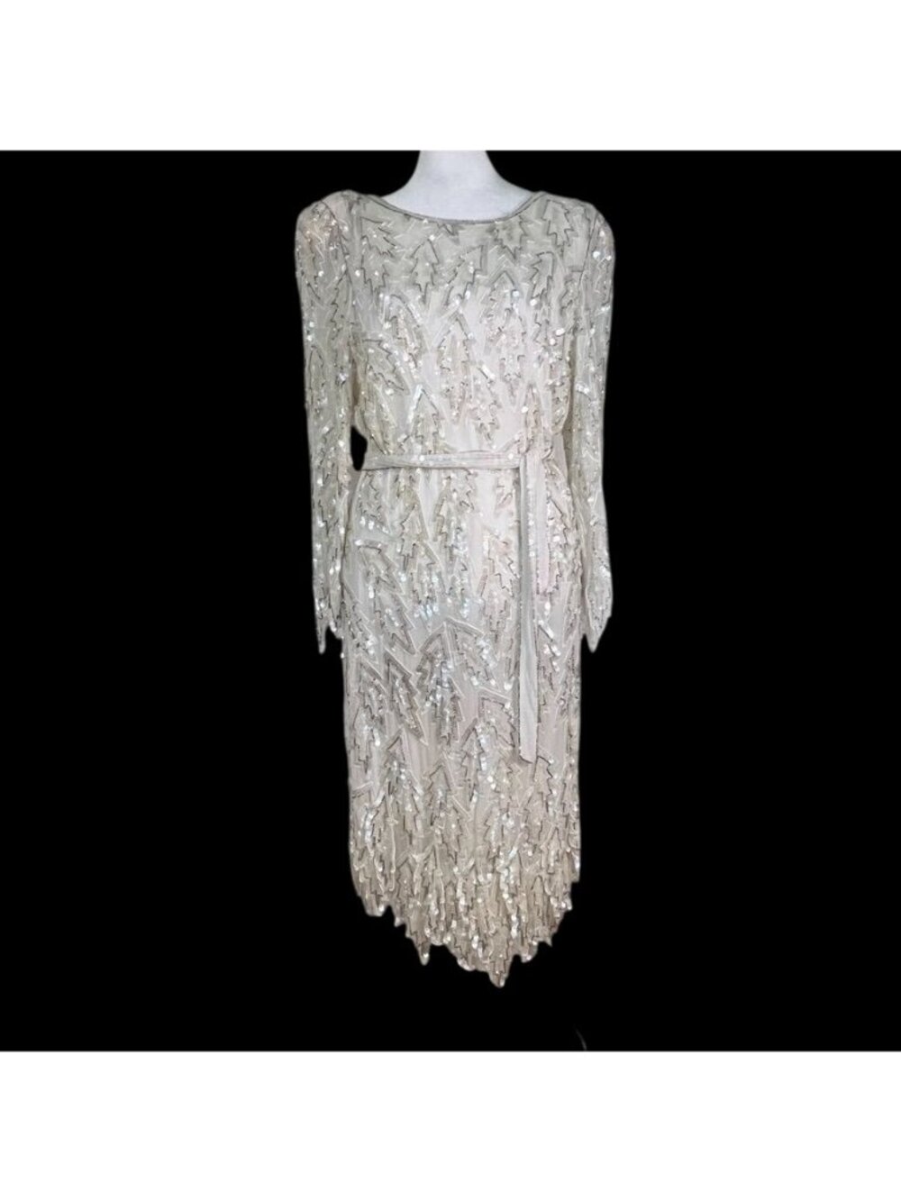 Vintage 80s Silk Sequin Beaded LWD Cocktail Bridal Wedding MOB Midi Dress M - Picture 2 of 16